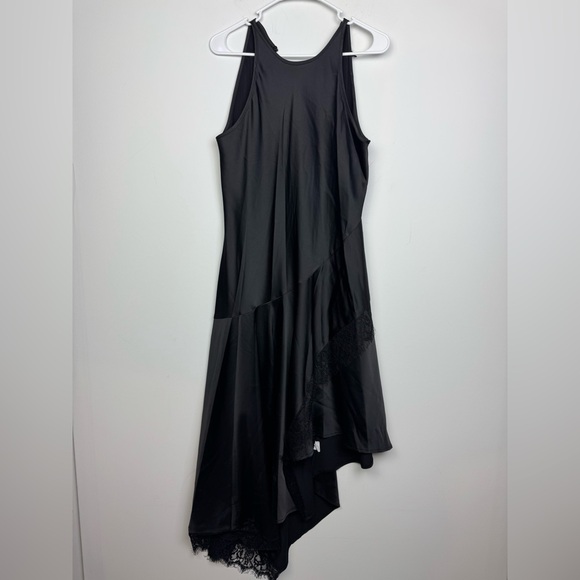 Melloday Black Satin and Lace Trim Asymmetric Hem Dress Size Large - Picture 3 of 7
